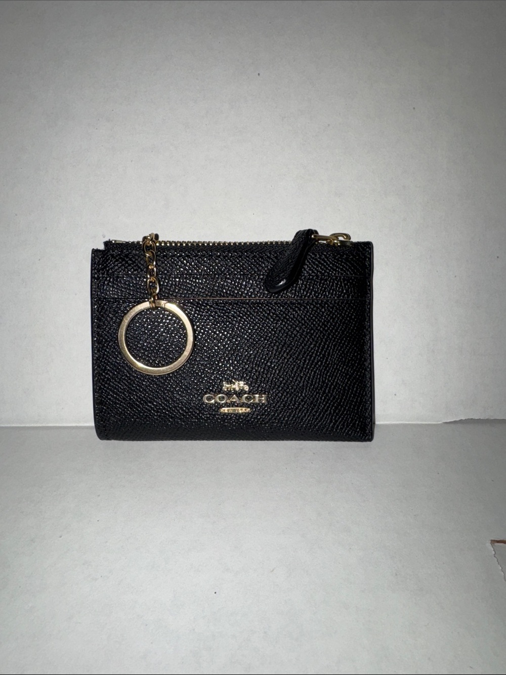 Coach Black Leather Zip Card Case with Gold Key Ring